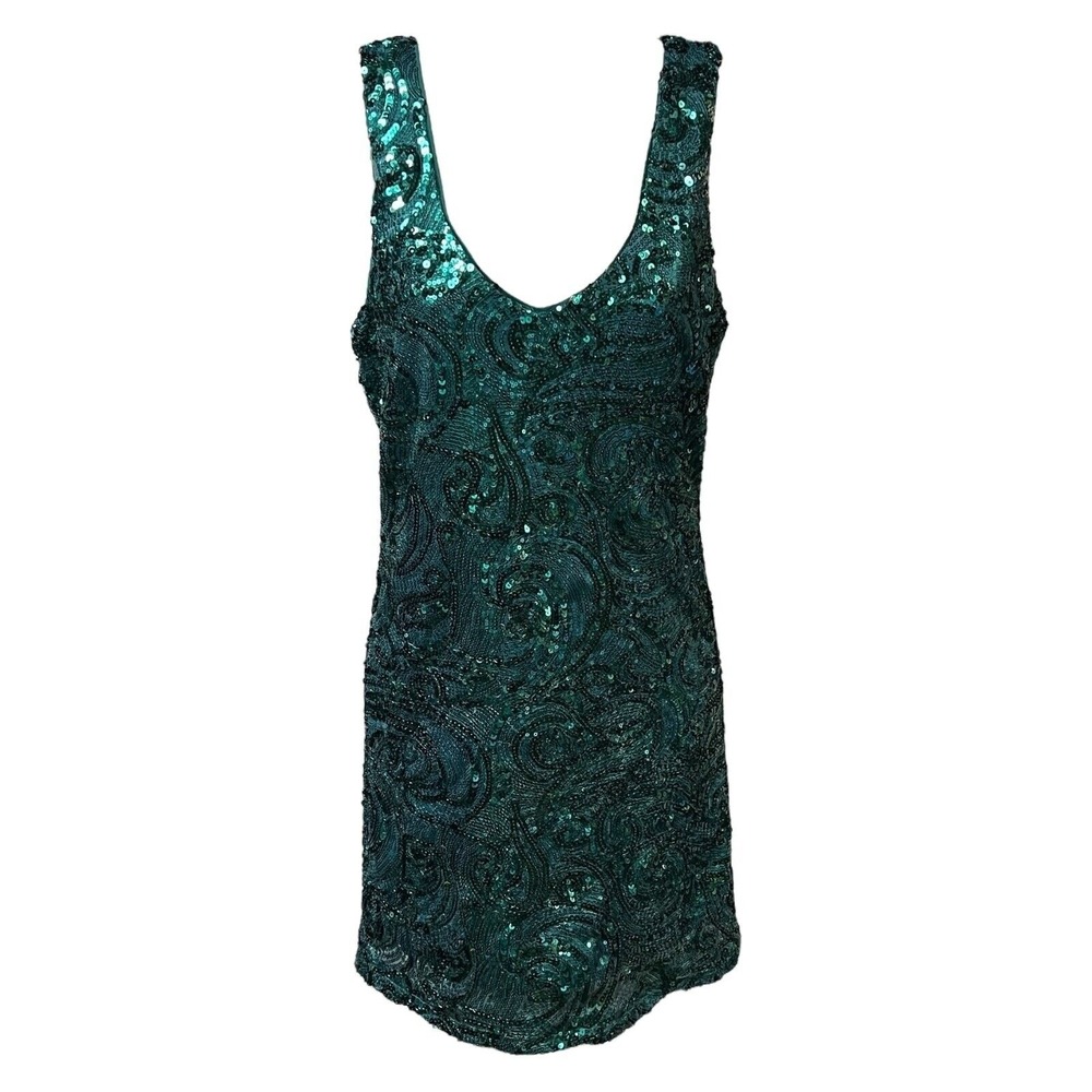 Forever 21 Emerald Green Sequin Mini Dress Small V-Neck Sleeveless Party Holiday - Picture 2 of 10